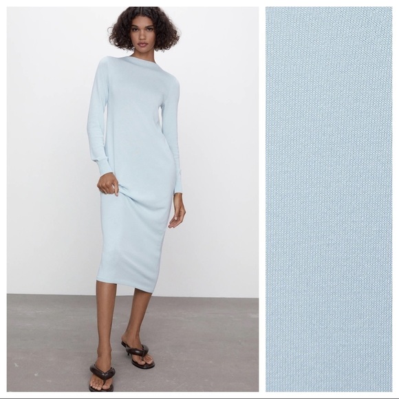NWT. Zara Light Blue Knit Midi Dress with Back Opening. Size M. - Picture 2 of 10